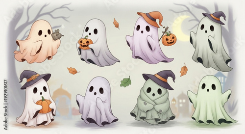 Adorable ghosts celebrating Halloween with pumpkins and witch hats