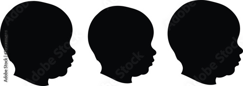 Three black silhouettes of human heads in profile profiles white background