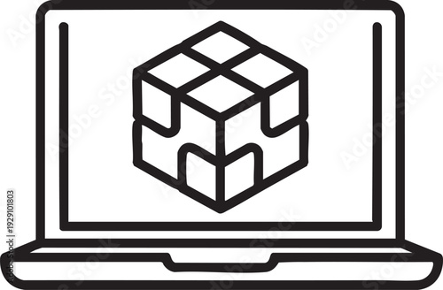 A complex 3D cube structure on a laptop screen, representing intricate design, engineering, or data visualization.