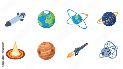 space exploration icons set with planets rockets and orbit symbols in flat style