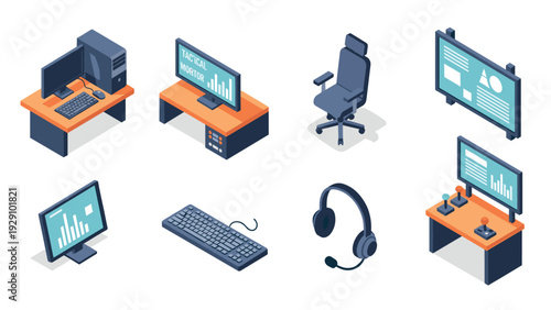 isometric office and gaming equipment set with desk computers chair keyboard headset and monitors in vector style
