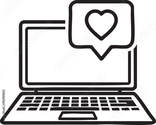 Heart icon in a speech bubble above a laptop, symbolizing online love, social media engagement, or positive feedback.