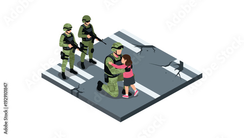 soldier kneeling and hugging a little girl with two armed soldiers standing on damaged street crosswalk isometric illustration