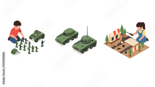 children playing with toy soldiers tanks and battlefield setup isometric vector illustration