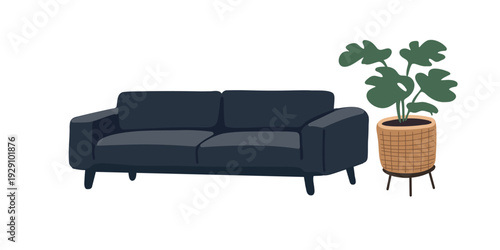 modern minimalist black sofa furniture in stylish lounge interior