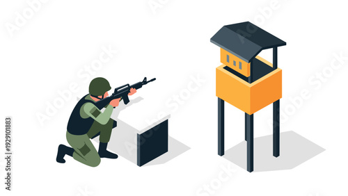 soldier aiming rifle near checkpoint guard tower isometric vector illustration