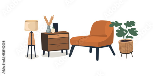scandinavian style armchair and nightstand with lamp in home interior
