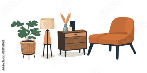 minimalist armchair and bedside cabinet with lamp in bright interior space