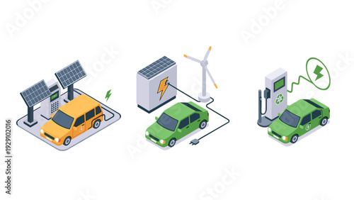 isometric set of electric cars charging at solar wind and electric charging stations in flat style