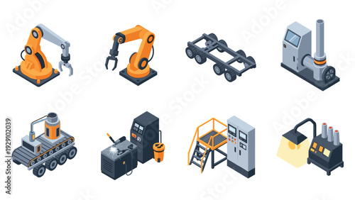 isometric industrial machinery set with robotic arms conveyor welding machine control panel and factory equipment collection