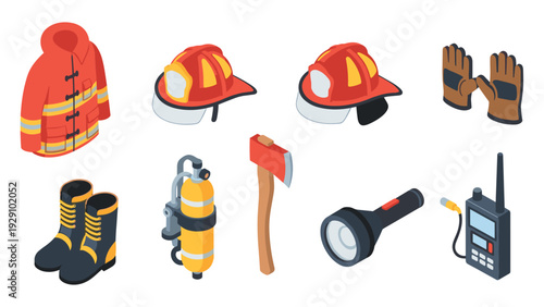 firefighter safety equipment set including jacket helmet gloves boots axe oxygen tank flashlight and radio in isometric style