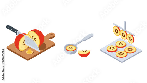 isometric apple slicing food preparation with hand drawn style cooking process set