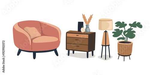 soft upholstered armchair and wooden nightstand with lamp in stylish interior