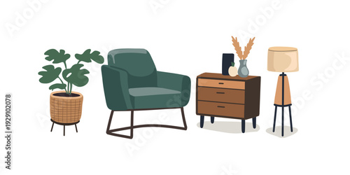 comfortable armchair and bedside table with lamp in contemporary home interior