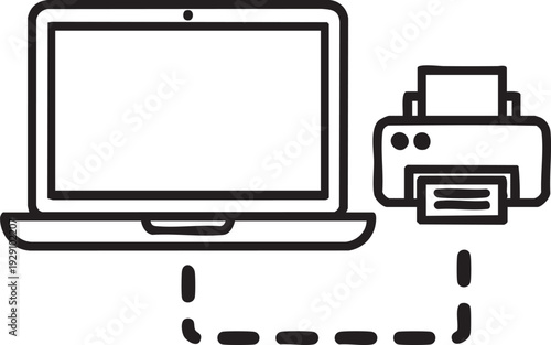 Laptop connected to a printer via dashed line, indicating printing services and document output