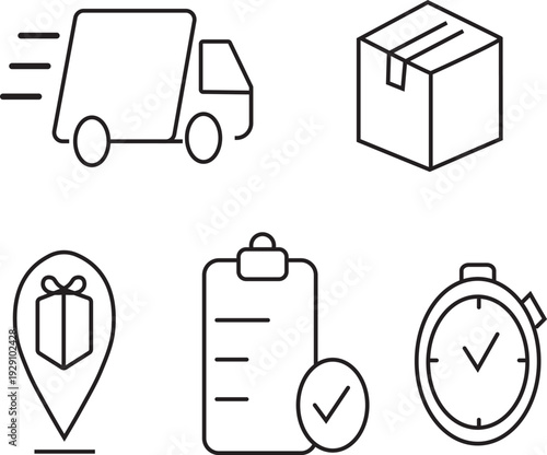 Minimal delivery and logistics outline icon set including truck, package, location pin, clipboard with checkmark, stopwatch and open box symbols. Simple modern line style vector icons perfect for e-co