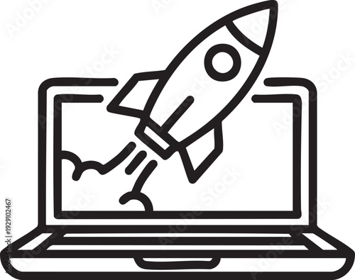 Rocket launching from a laptop screen, symbolizing startup growth, innovation, or rapid progress.