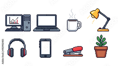 pixel art collection of office desk items computer laptop coffee cup lamp headphones smartphone stapler and potted plant