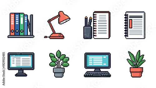 pixel art office supplies icons set with computer plants lamp folders and notebooks in pixel style