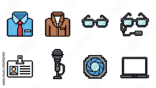 pixel art business and technology icon set with shirt glasses microphone and laptop in retro style