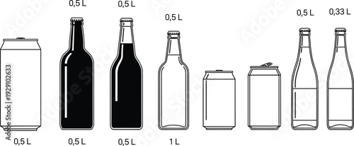 Set of aluminum soda cans and glass beer bottle icons with volume labels including 0.5L 1L and 0.33L isolated on a white background