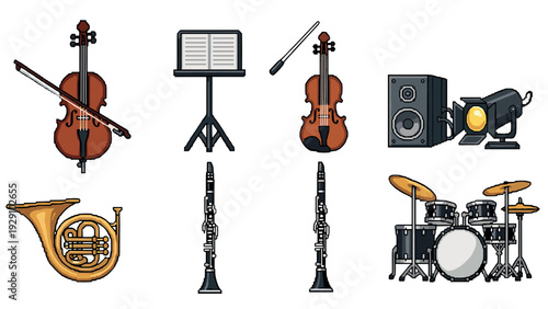set of hand drawn musical instruments and equipment including cello violin french horn clarinet drum set speaker and spotlight