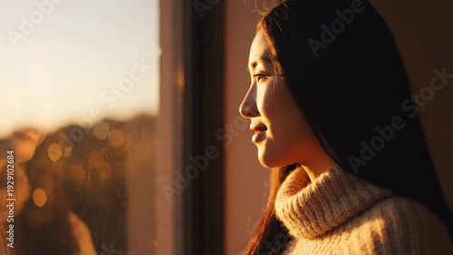 Thoughtful Woman by Window in Warm Sunlight During Sunset, Reflection of Serene Indoor Atmosphere with Soft Glow Highlighting Features and Cozy Sweater