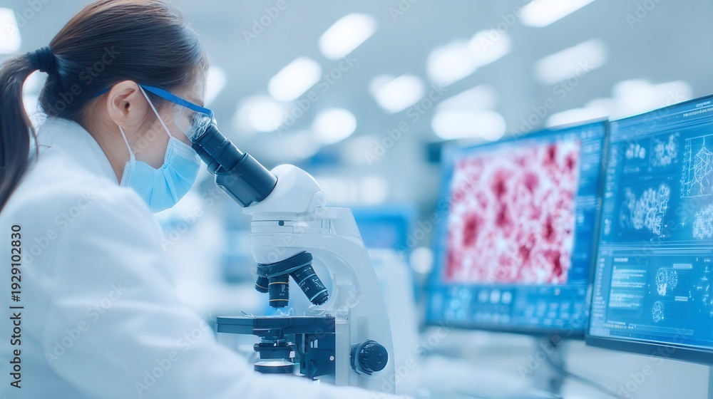 Fototapeta premium Scientist examining samples, focused researcher in lab coat using microscope, vibrant data displays in modern laboratory.