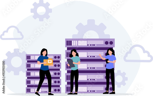People Working On Leptop And Server Digital Data Center Illustration