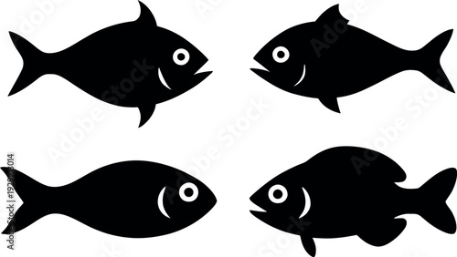 Icon set of various fish design vector art illustration silhouette style on a white background