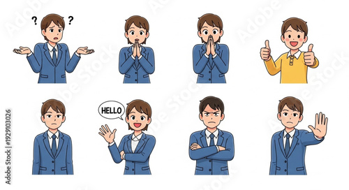 Diverse business professionals showcasing various emotions and gestures in a collection.