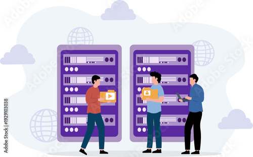 People Working On Leptop And Server Digital Data Center Illustration