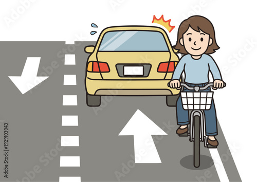 自転車の右側通行（逆走）イラスト｜女性・車道での交通違反イメージ