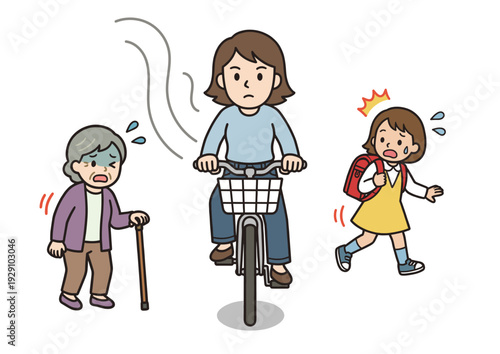 自転車の歩道走行イラスト（女性・歩行者との接触危険）