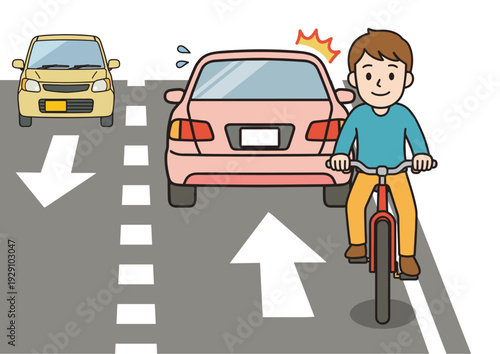 自転車の右側通行（逆走）イラスト｜車道での交通違反イメージ
