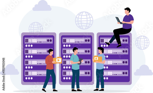 People Working On Leptop And Server Digital Data Center Illustration