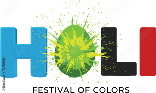 Holi festival of colors typographic design featuring vibrant blue green black and red lettering with bright green paint splash on a clean white background