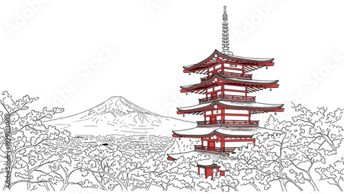 traditional japanese pagoda with cherry blossoms and mount fuji hand drawn illustration