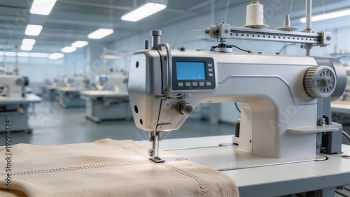 Industrial sewing machine operates on fabric in a textile factory workshop, showcasing manufacturing technology and production process in clothing industry.