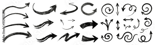 Arrows collection: A collection of various hand-drawn arrow designs with a pencil texture for direction, symbol, and movement. PNG on transparent background.