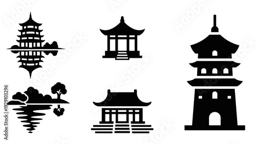 collection of black and white hand drawn traditional japanese temples and landscape silhouettes