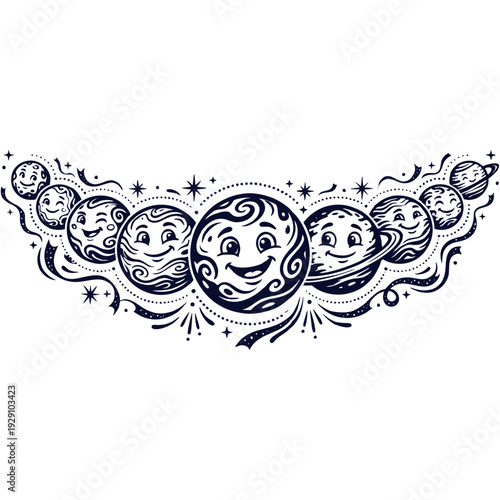 Smiling planets and celestial bodies in a whimsical cosmic scene