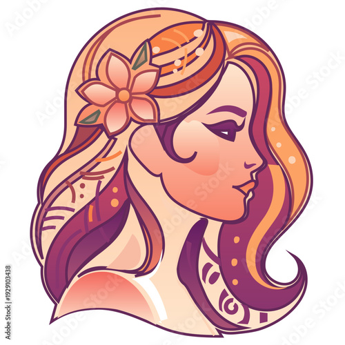 Elegant Woman Portrait with Flower - Colorful Vector Line Art on Transparent Background. A stunning vector illustration of a beautiful woman's profile featuring warm sunset tones and a delicate flower