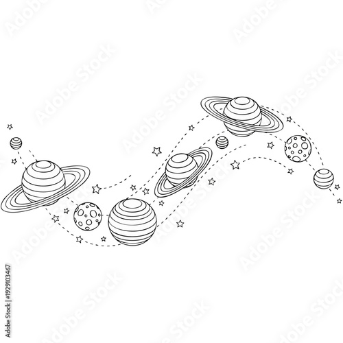 Planets and moons orbiting in a celestial galaxy with stars