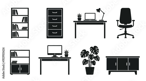 Home Office Furniture Icon Set – Workspace Essentials Featuring Desk, Chair, Bookshelf, Filing Cabinet, and Decor Elements for Interior Graphics and Productivity Design Projects