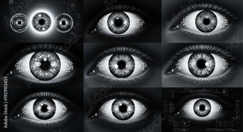 Intense gaze - A collection of eyes staring intently, black and white.