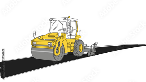 yellow road roller machine with driver paving asphalt road hand drawn vector illustration for construction and engineering