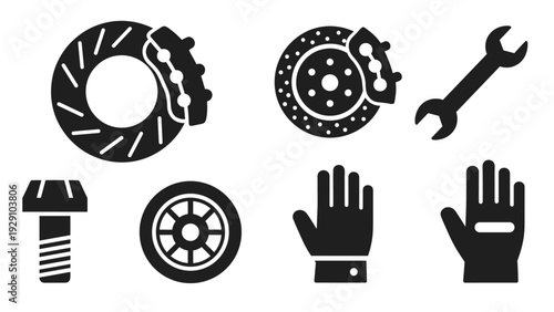 set of hand drawn car brake discs tools gloves and wheel icons
