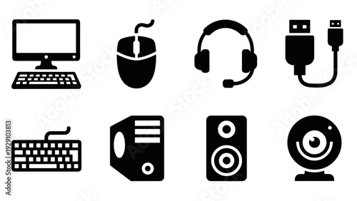 computer accessories and peripherals icon set in black silhouette style