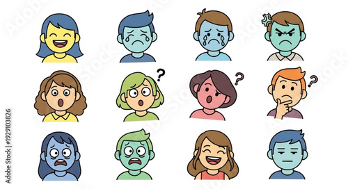 Diverse collection of illustrated faces depicting various human emotions and expressions.